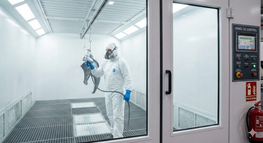 Técnico con equipo de protección personal completo operando en una cabina de pintura industrial que cumple con las normas de seguridad de la STPS en México