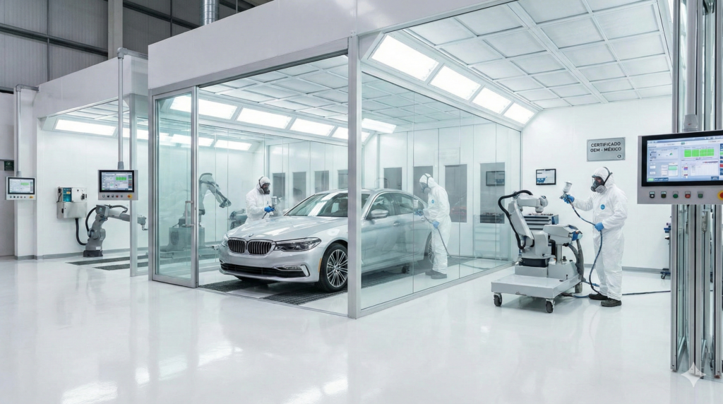 Cabina de pintura de alta gama cumpliendo estándares OEM para certificación de planta armadora en México