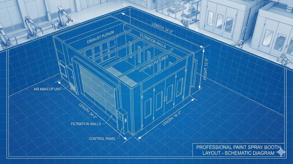 Plano con medidas y dimensiones estándar para una cabina de pintura automotriz e industrial en México