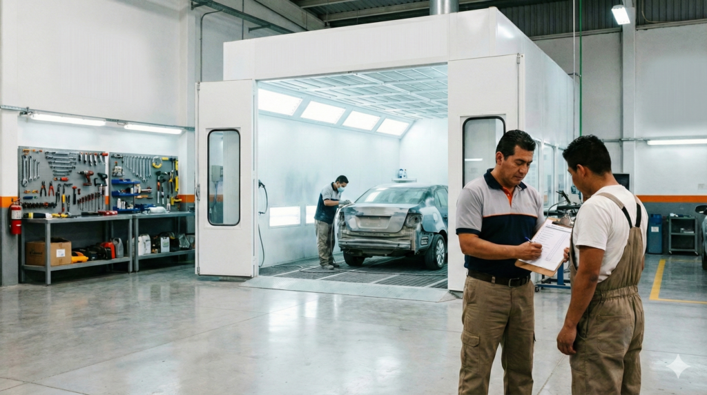 Taller de hojalatería y pintura profesional cumpliendo estándares de homologación CESVI con cabina de pintura.