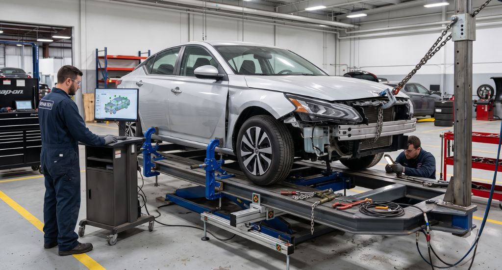 Automóvil con daño estructural montado en un banco de enderezado