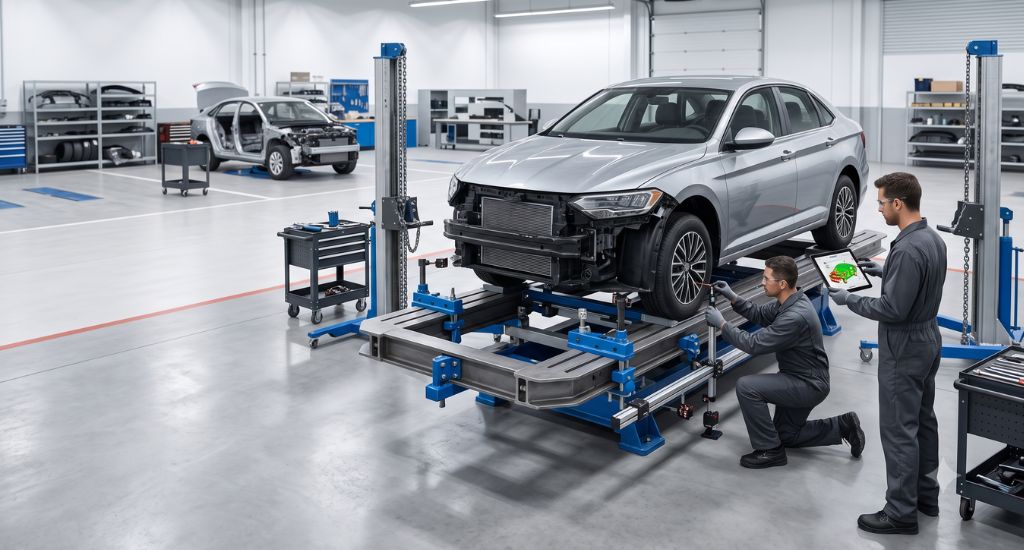 Banco de enderezado con medición tridimensional en un taller automotriz