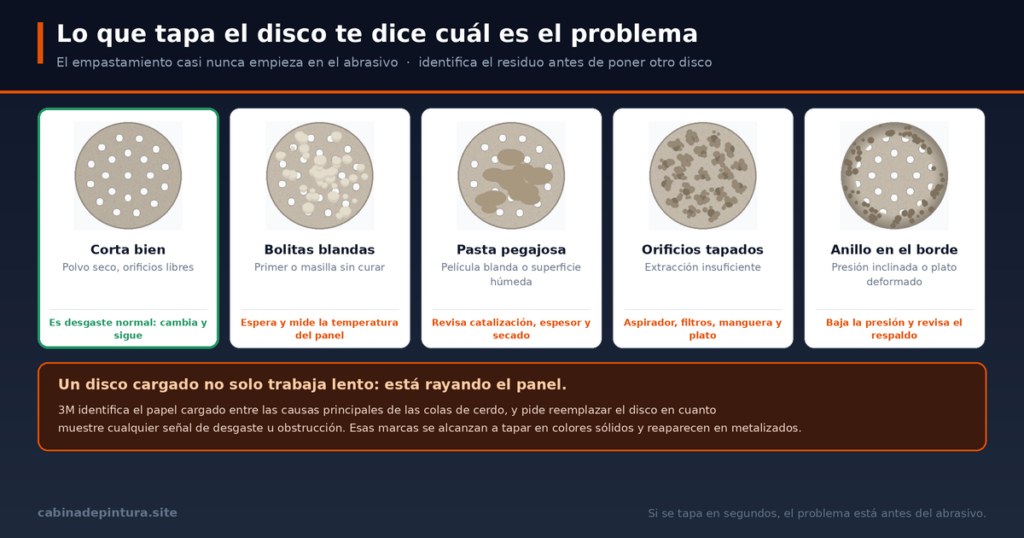 Cinco caras de disco de lija comparadas: desgaste normal con orificios libres, bolitas de primer sin curar, pasta pegajosa por película blanda, orificios tapados por extracción insuficiente y anillo de carga en el borde por presión inclinada, cada una con su acción correctiva.
