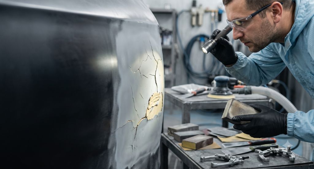 Fisuras en la masilla automotriz sobre un panel reparado