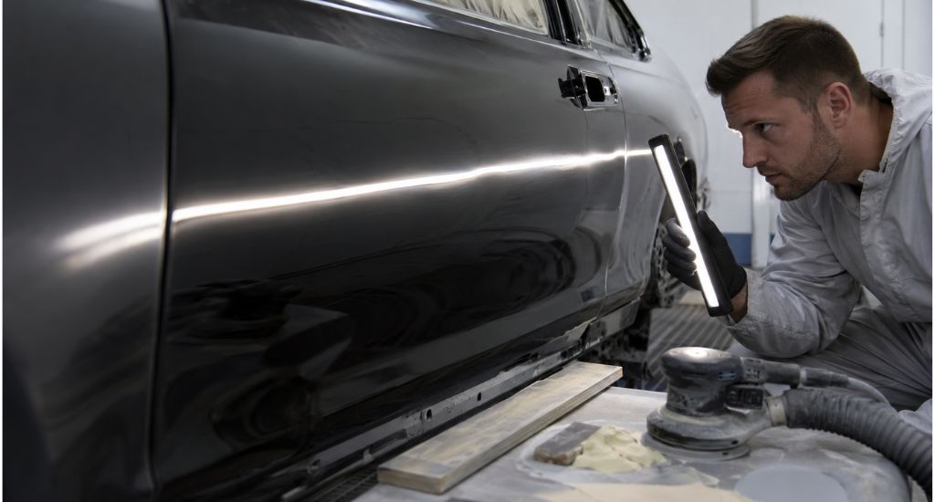 Ondulaciones visibles en el reflejo de un panel automotriz pintado