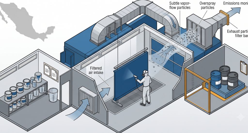 Técnico revisando emisiones, consumo de solventes y residuos de una cabina de pintura en México