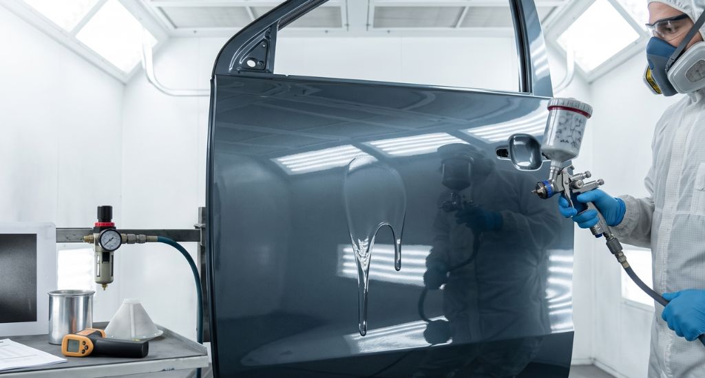 Escurrimiento de transparente sobre una puerta automotriz recién pintada