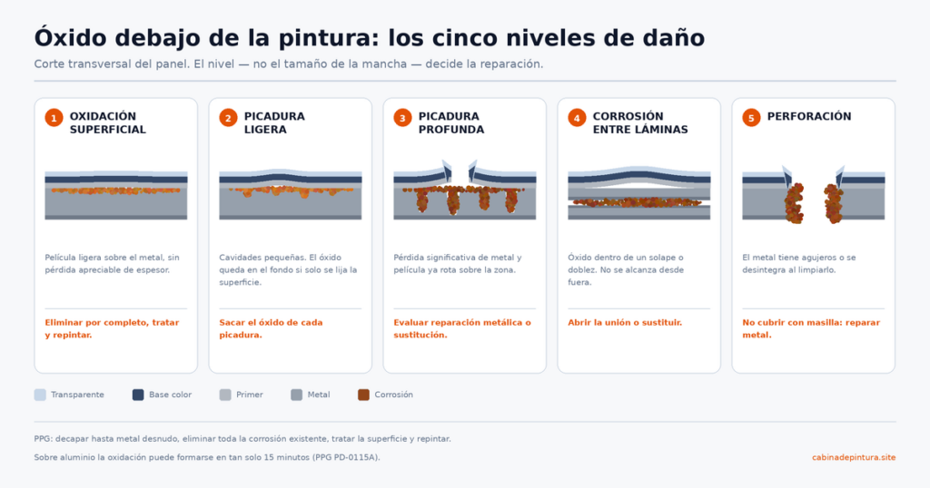 Corte transversal de un panel con los cinco niveles de óxido bajo la pintura: oxidación superficial, picadura ligera, picadura profunda, corrosión entre láminas y perforación