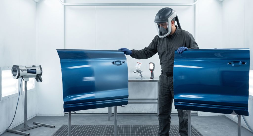 Pintor comparando la aplicación de base agua y base solvente en paneles automotrices