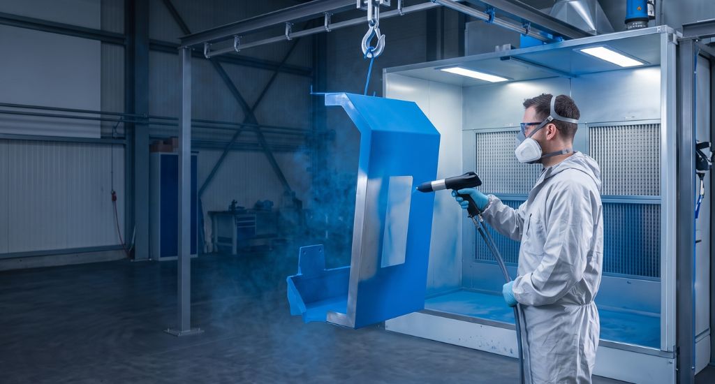 Técnico aplicando pintura electrostática en polvo a una pieza metálica dentro de una cabina industrial
