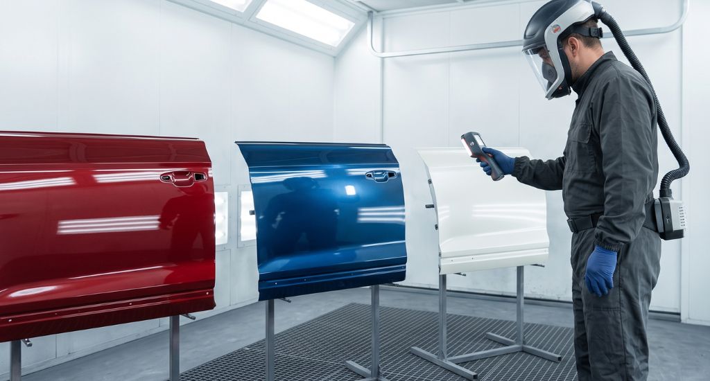 Tres paneles automotrices mostrando acabados monocapa, bicapa y tricapa