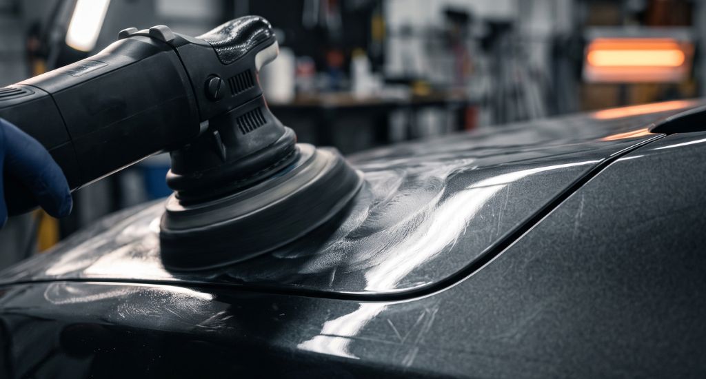 Pad de pulidora trabajando sobre un panel automotriz gris oscuro brillante junto a una línea de carácter, iluminado por una lámpara de inspección que revela el reflejo de la superficie