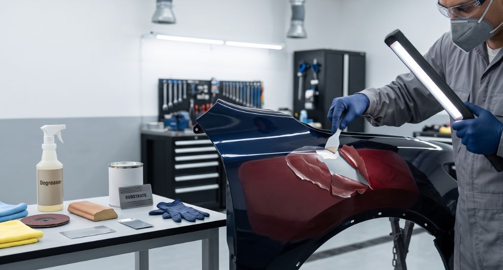Pintura automotriz descamada mostrando pérdida de adherencia entre capas
