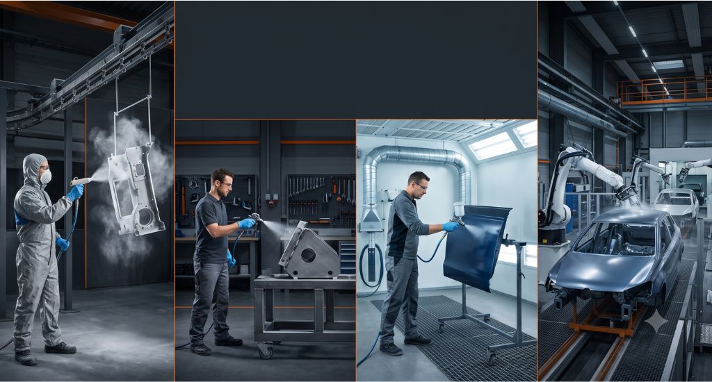 Comparativa visual de pintura en polvo, industrial, repintado automotriz y acabado OEM